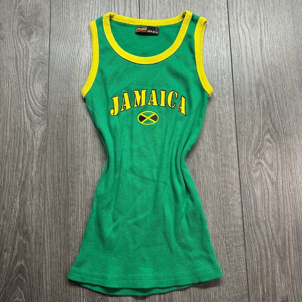 Vintage G2 Jamaica Ringer Tank Top Green Yellow Ribbed Small Y2K Graphic